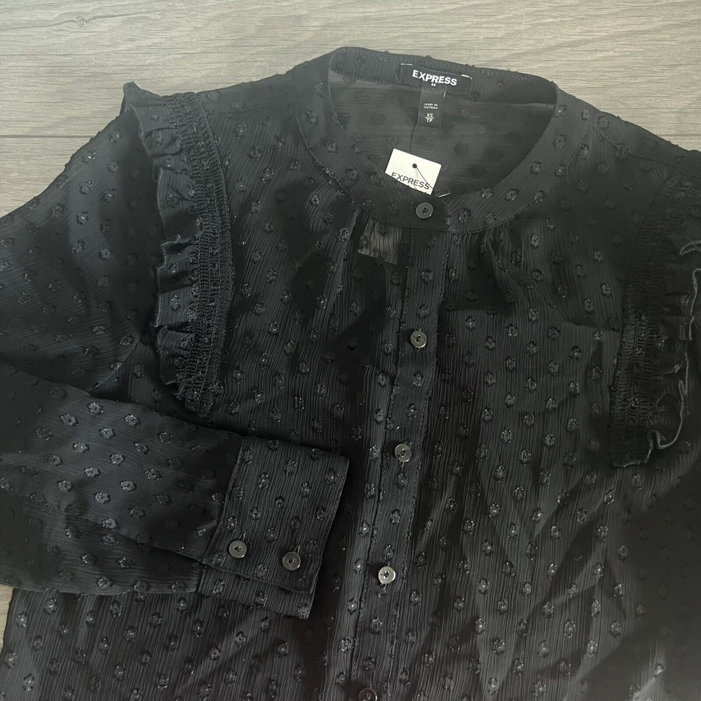 Express Womans Black Swiss Dot Sheer Long Sleeve Button Up Blouse Top XS‎